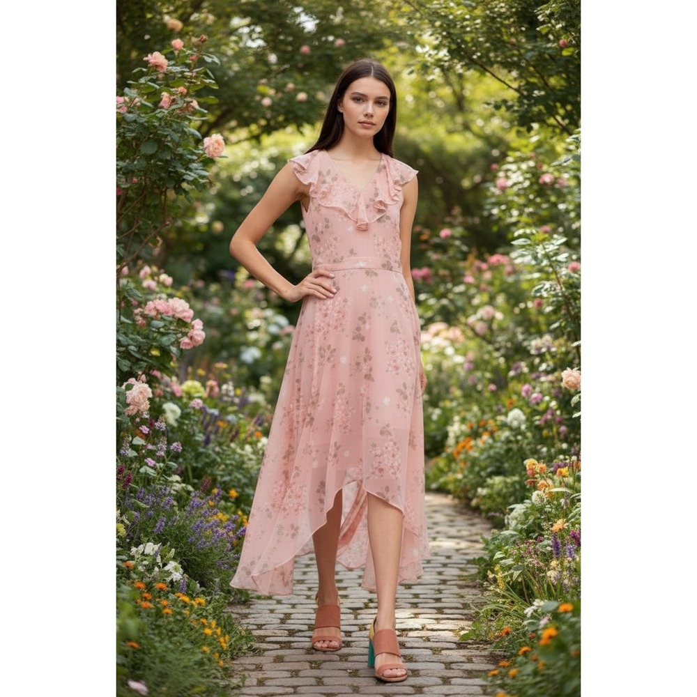 Banana Republic Pink Floral Ruffle High‎ Low Midi Dress cottage core Size 10